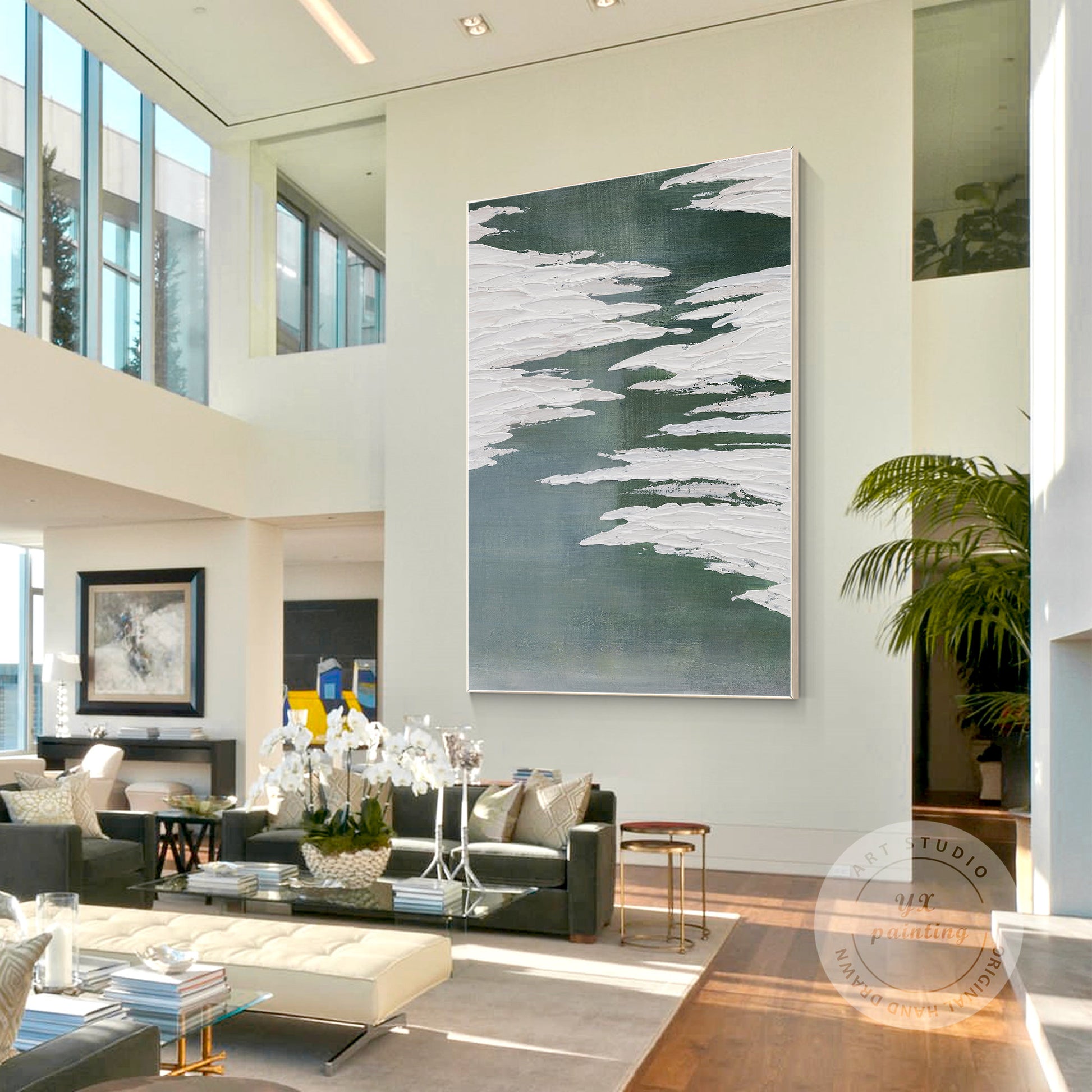 Textured Sage Green Painting: Minimalist Framed Canvas Wall Art #3
