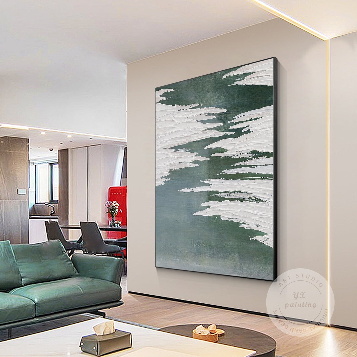 Textured Sage Green Painting: Minimalist Framed Canvas Wall Art #4