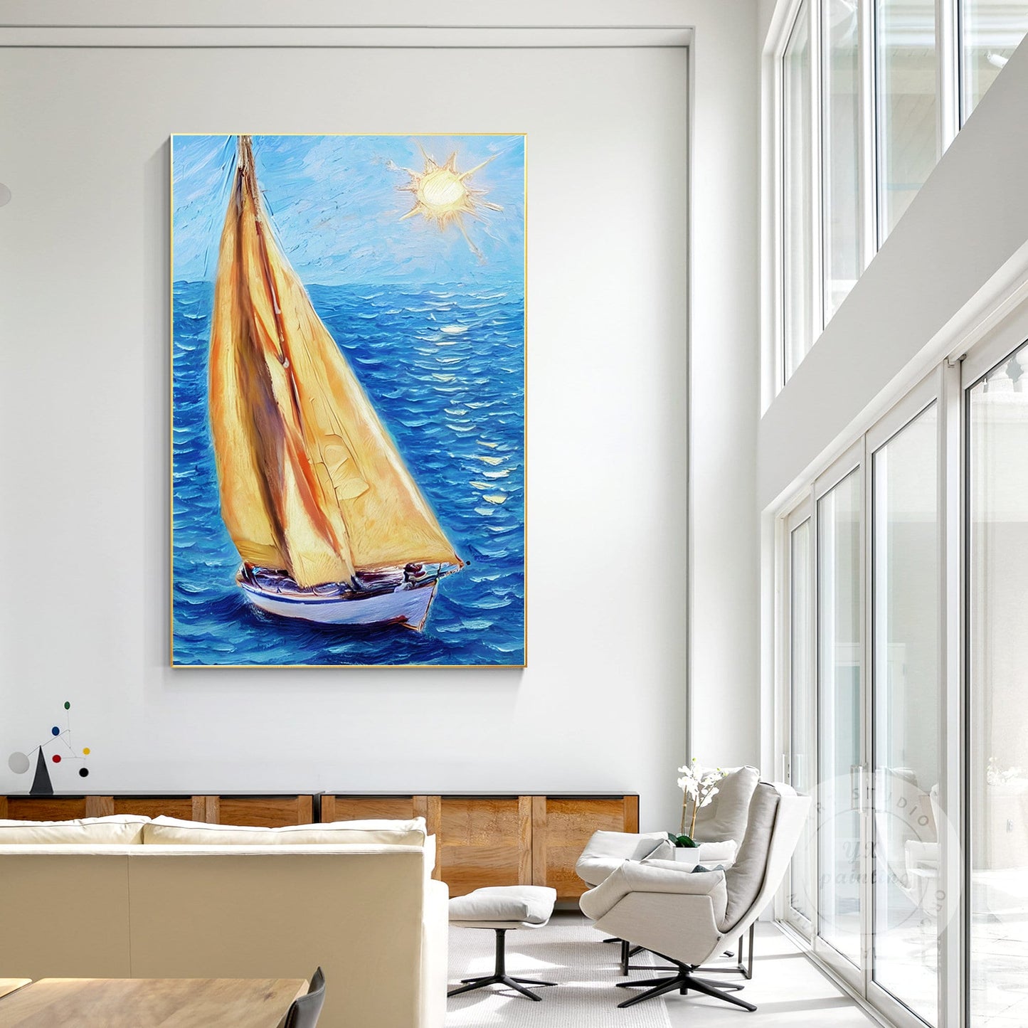 Textured Sailboat Painting on Canvas: Blue Seascape Wall Art #2