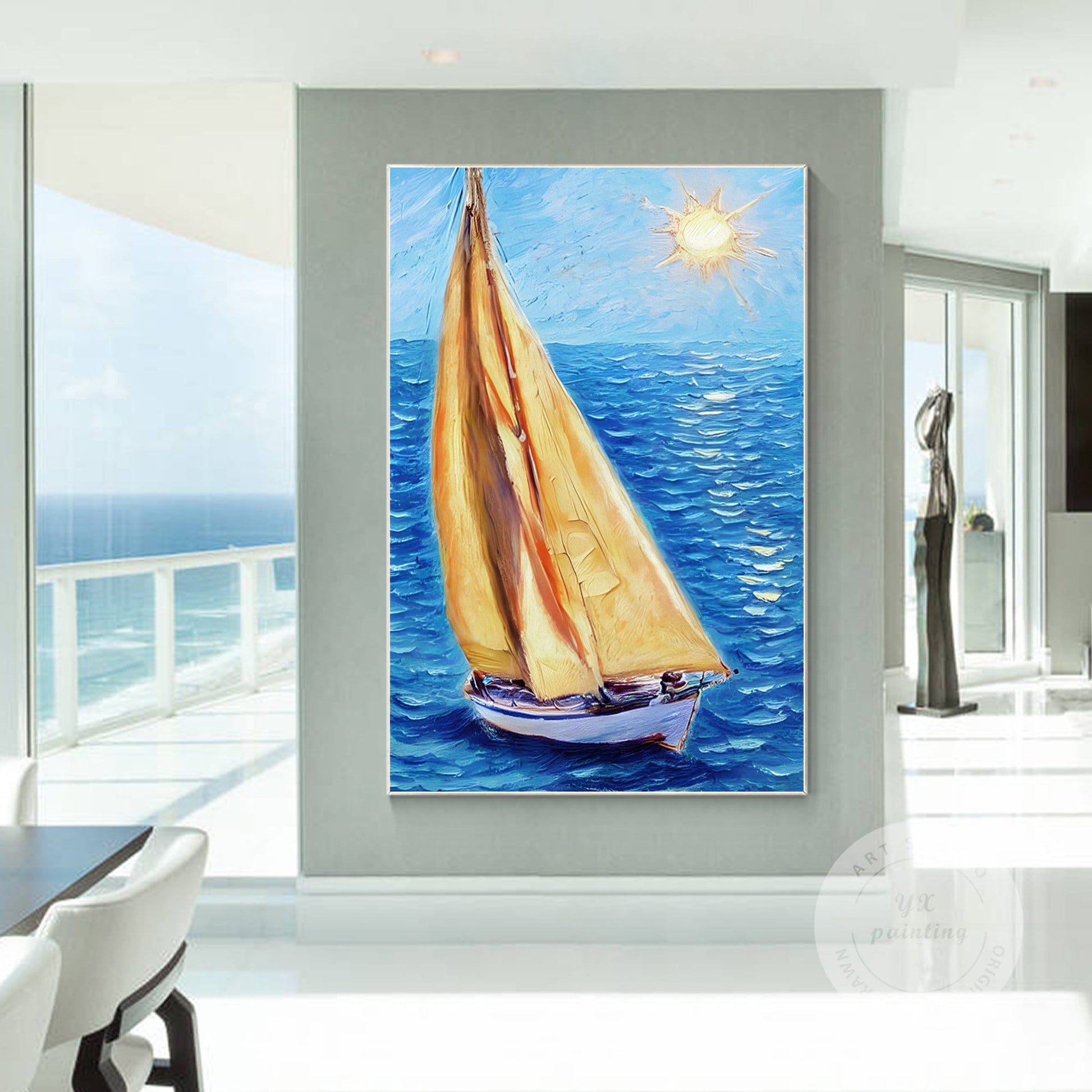 Textured Sailboat Painting on Canvas: Blue Seascape Wall Art #3