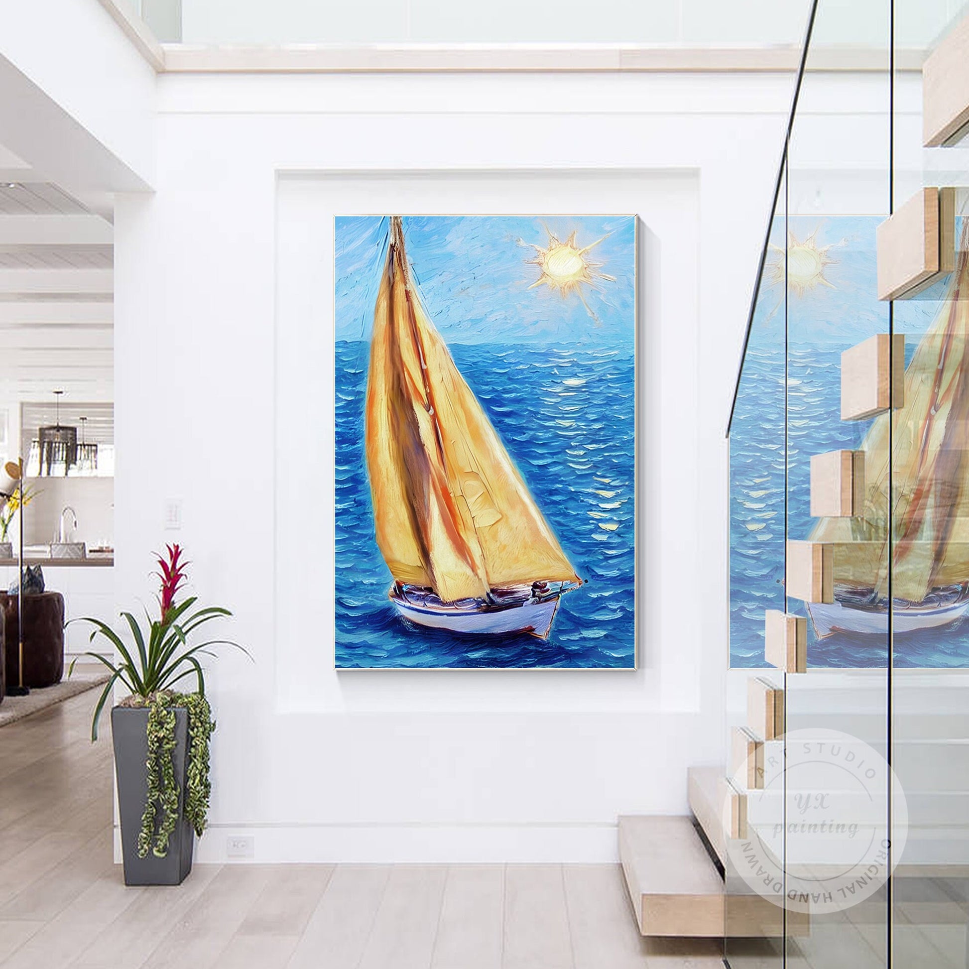 Textured Sailboat Painting on Canvas: Blue Seascape Wall Art #4
