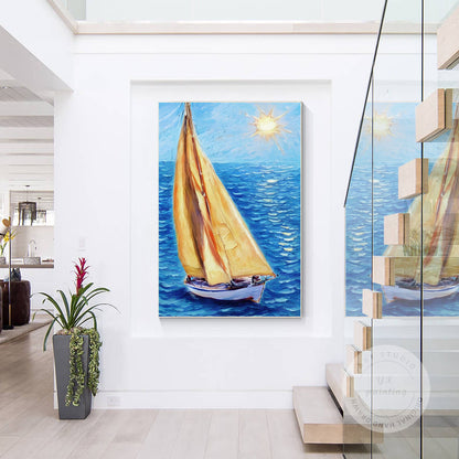 Textured Sailboat Painting on Canvas: Blue Seascape Wall Art #4