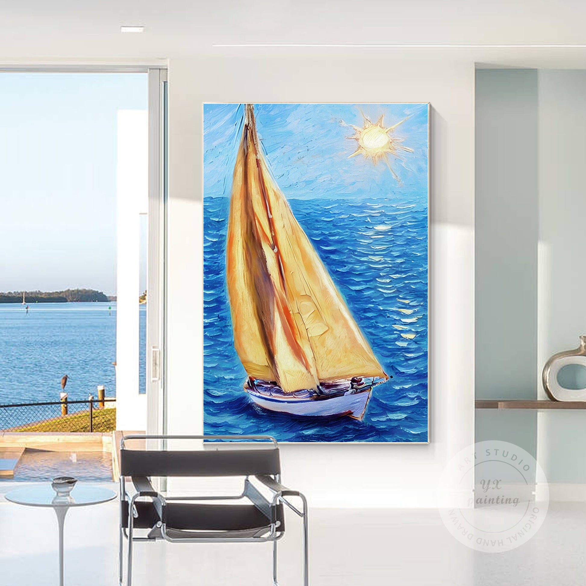 Textured Sailboat Painting on Canvas: Blue Seascape Wall Art #5