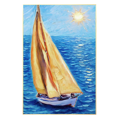 Textured Sailboat Painting on Canvas: Blue Seascape Wall Art #7