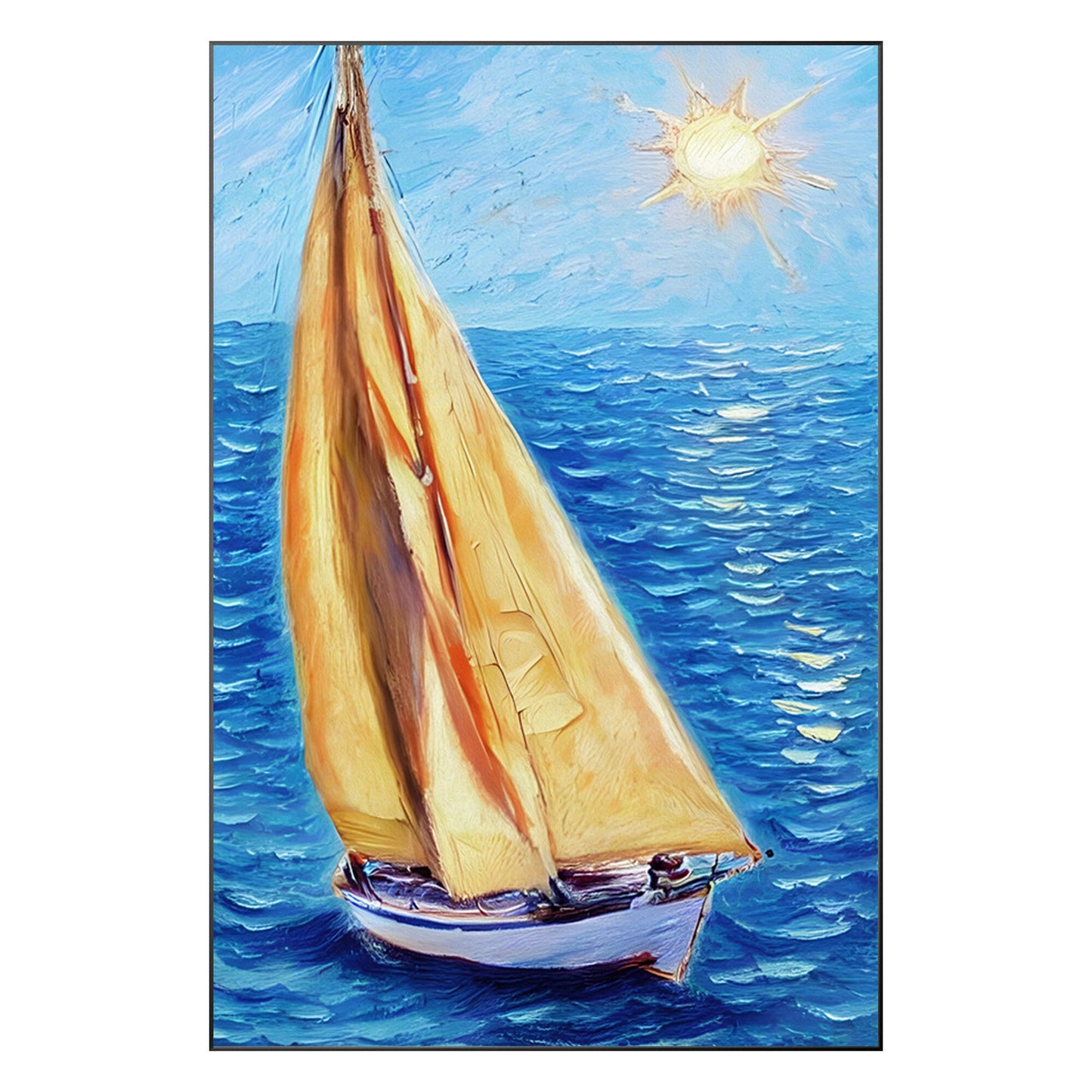 Textured Sailboat Painting on Canvas: Blue Seascape Wall Art #9