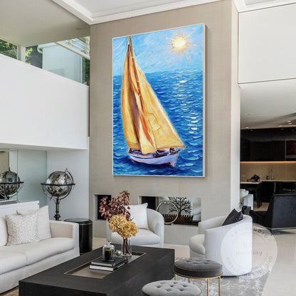 Textured Sailboat Painting on Canvas: Blue Seascape Wall Art #1