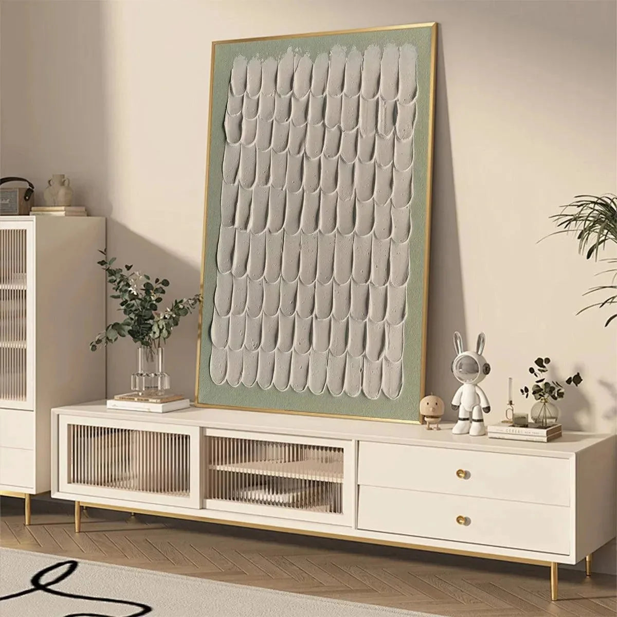 TEXTURED SCALES: Textured Abstract Painting in Neutral Tones | gold frame stretched on neutral wall