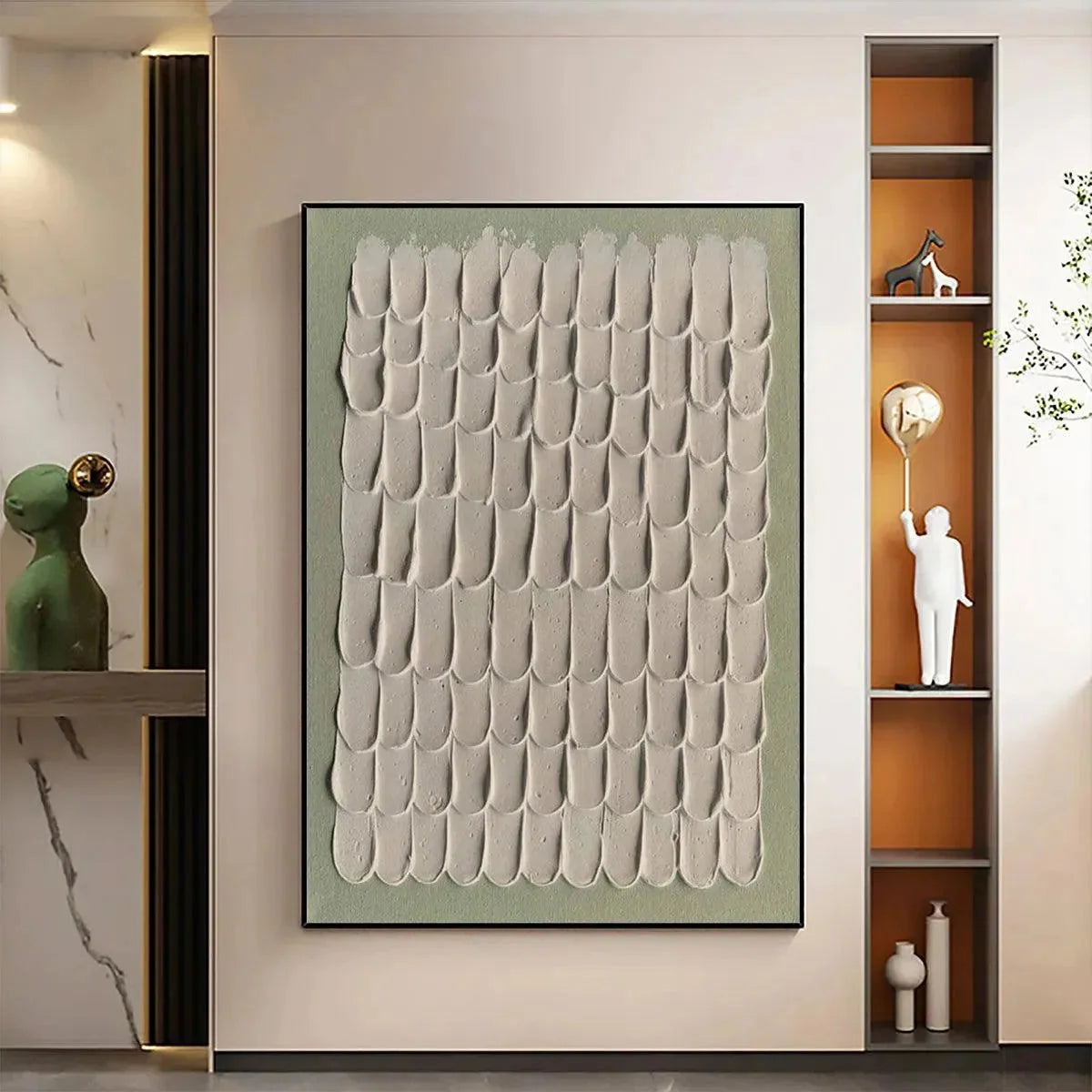 TEXTURED SCALES: Textured Abstract Painting in Neutral Tones | black frame version on white wall