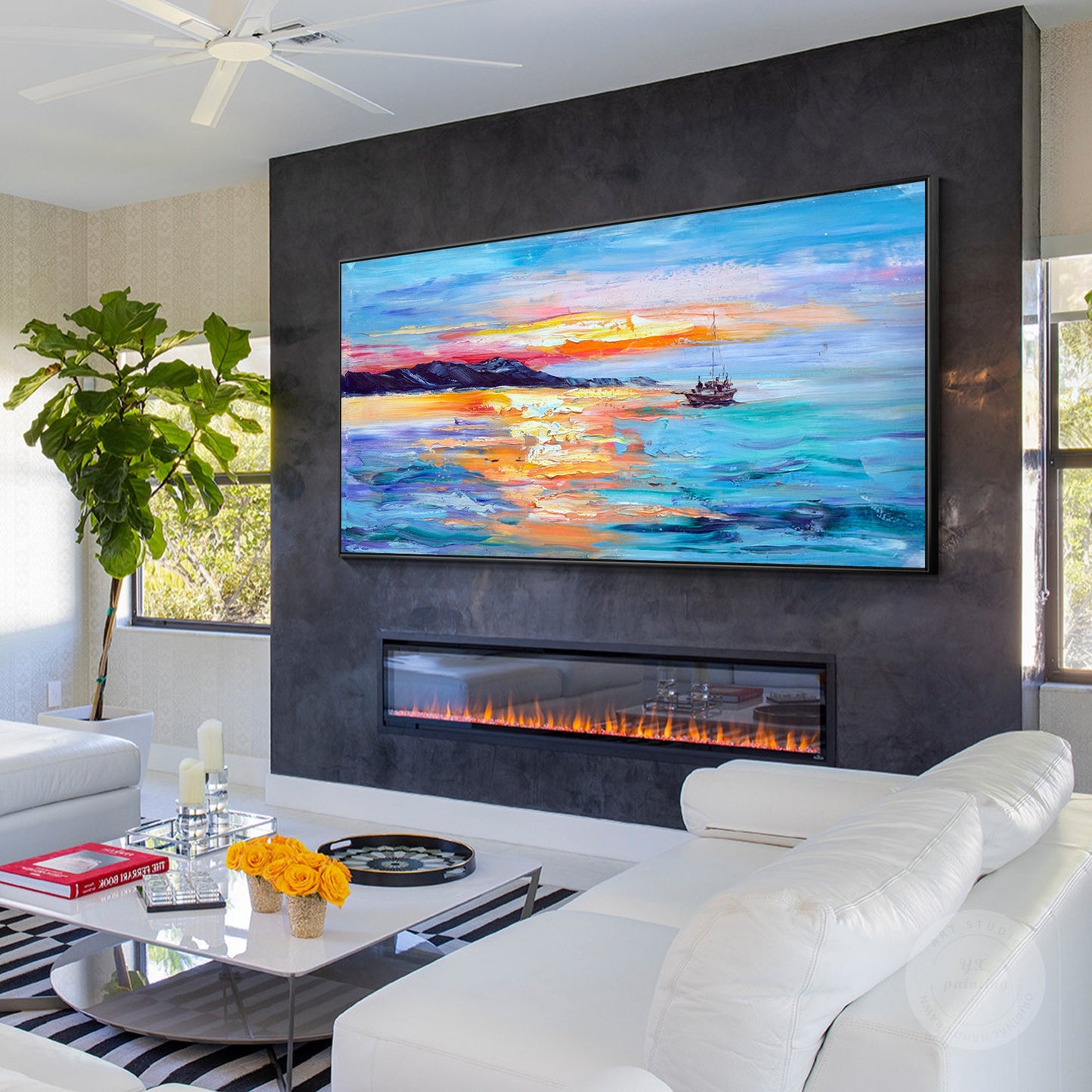 Textured Seascape Painting: Abstract Sunrise Sailboat Art on Canvas #2