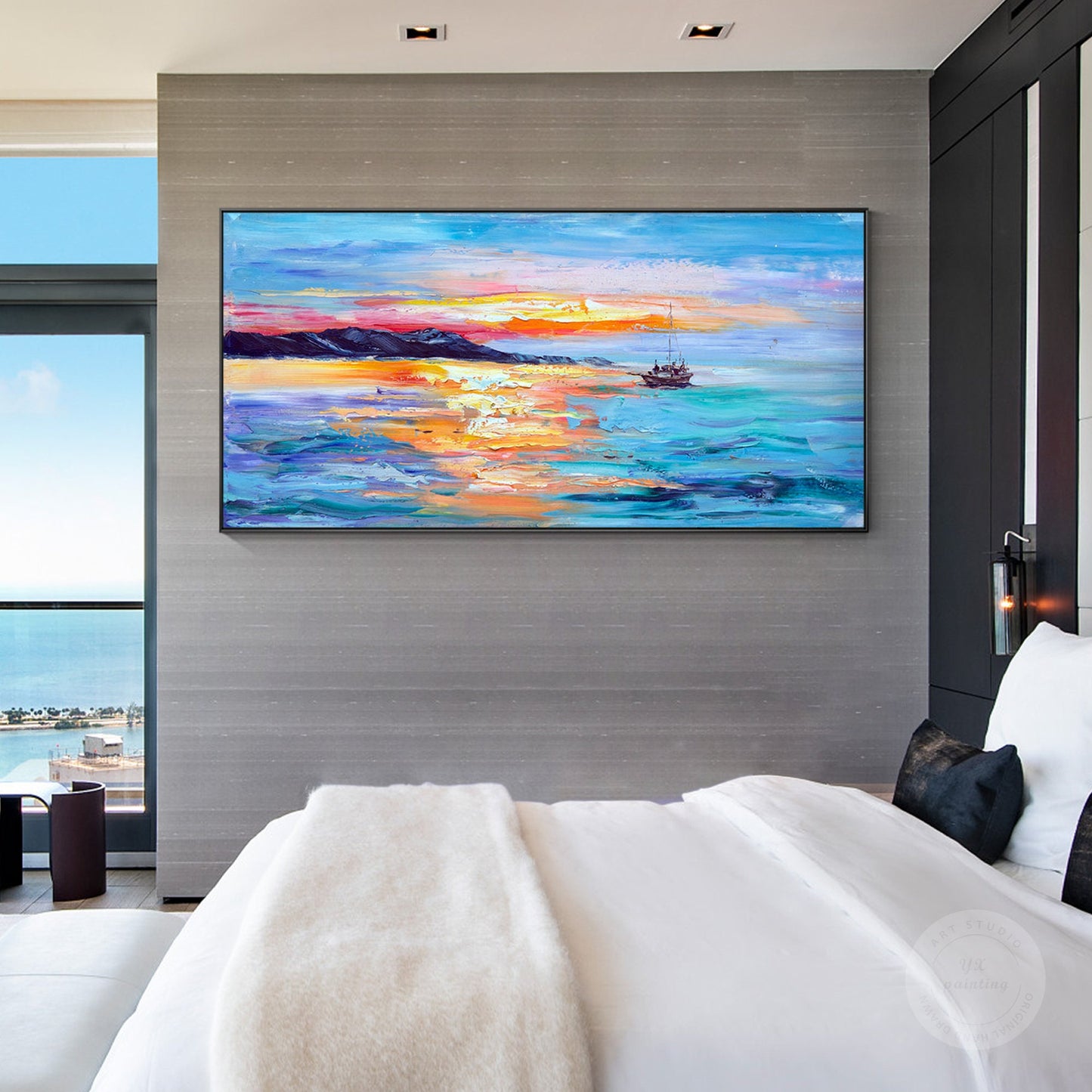 Textured Seascape Painting: Abstract Sunrise Sailboat Art on Canvas #3