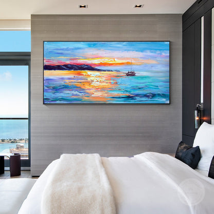 Textured Seascape Painting: Abstract Sunrise Sailboat Art on Canvas #3