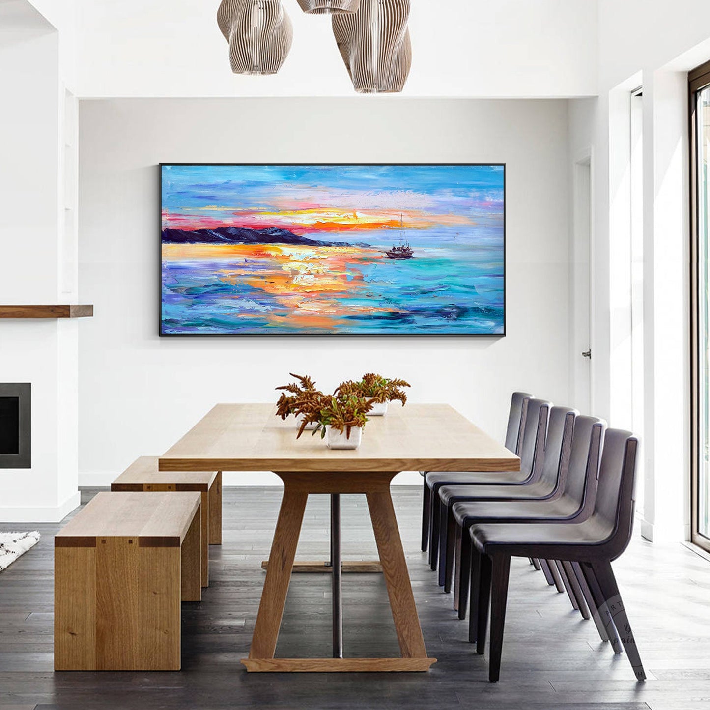 Textured Seascape Painting: Abstract Sunrise Sailboat Art on Canvas #4