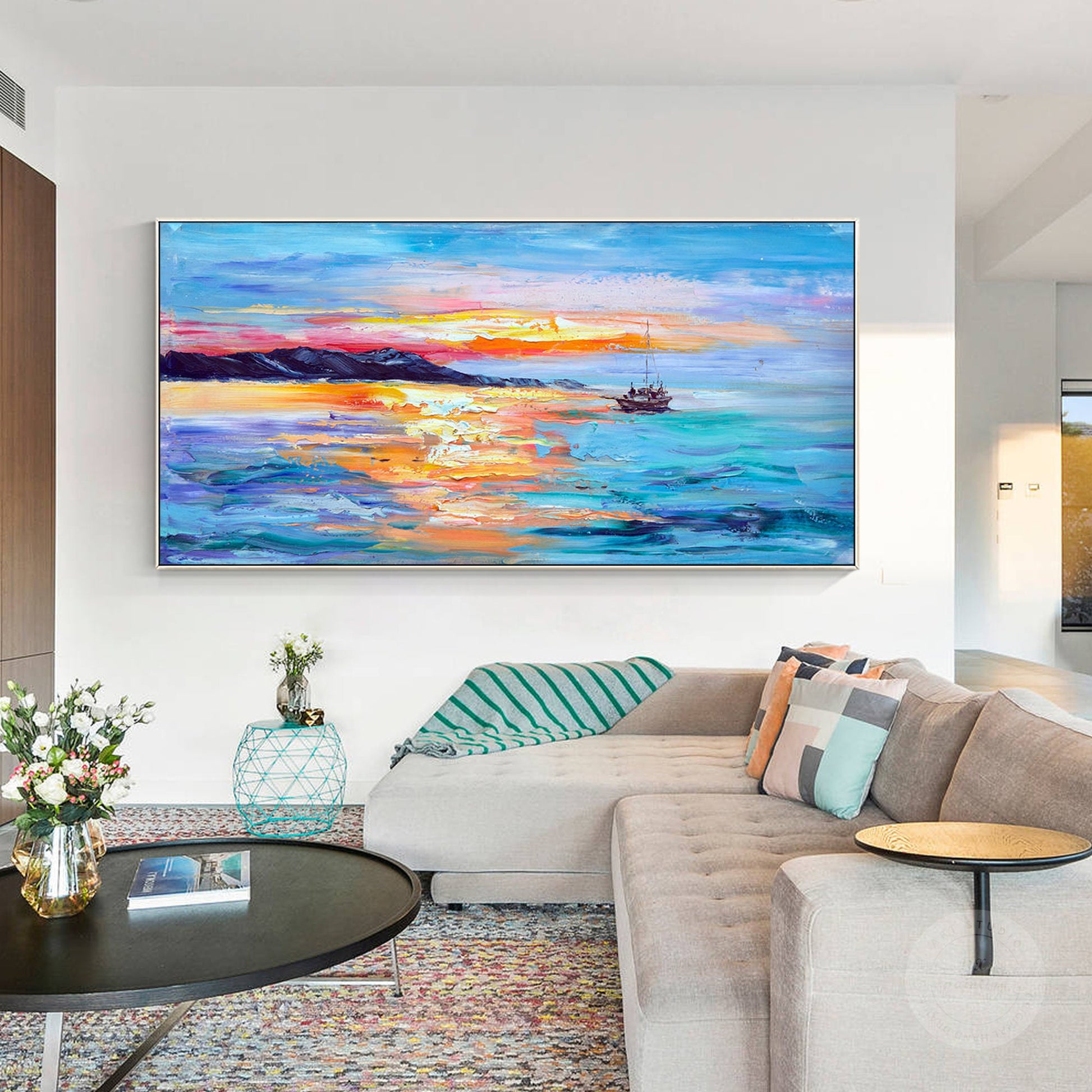 Textured Seascape Painting: Abstract Sunrise Sailboat Art on Canvas #5