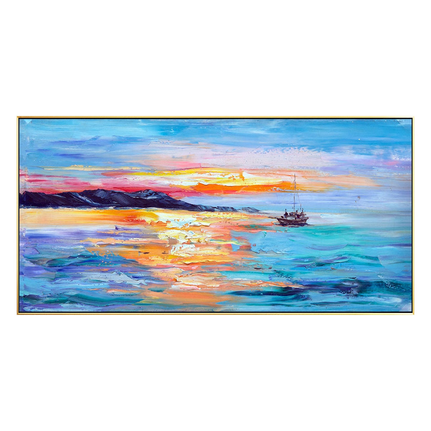 Textured Seascape Painting: Abstract Sunrise Sailboat Art on Canvas #7
