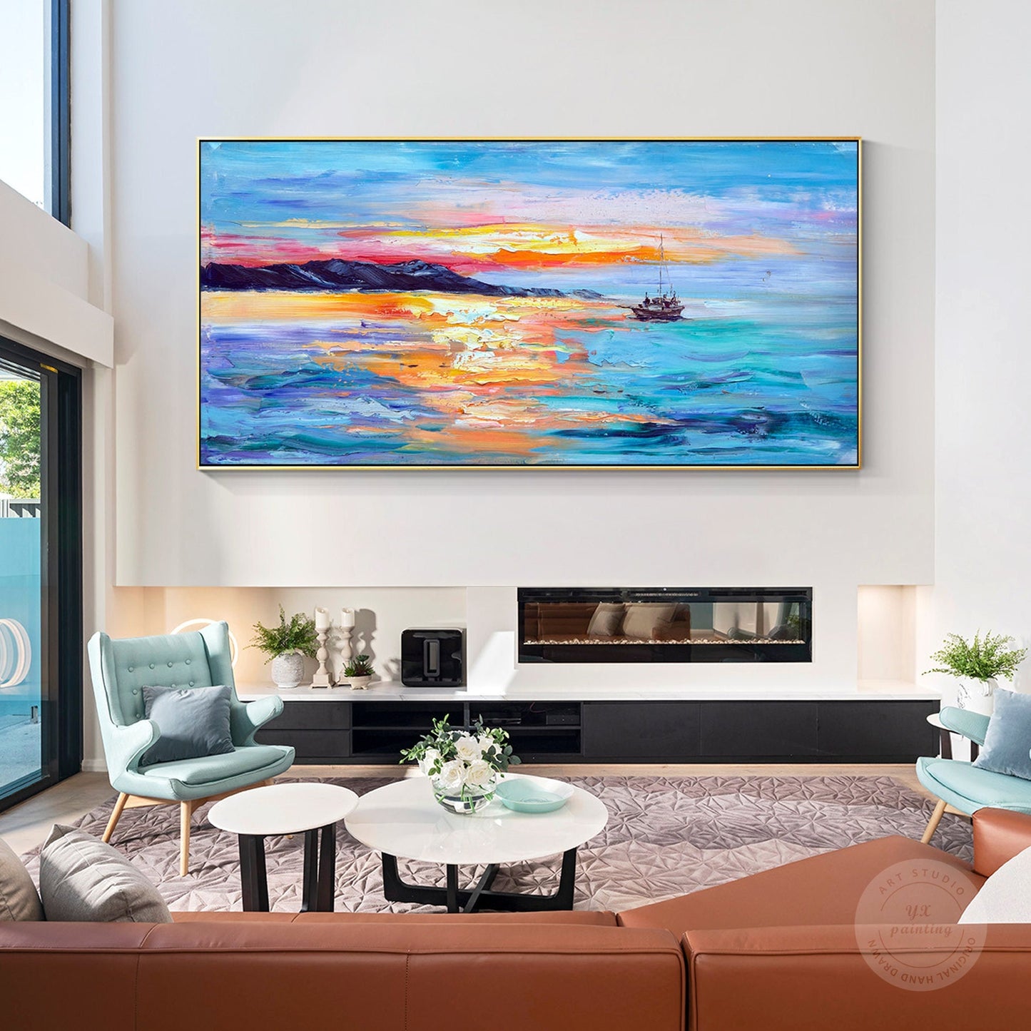 Textured Seascape Painting: Abstract Sunrise Sailboat Art on Canvas #1