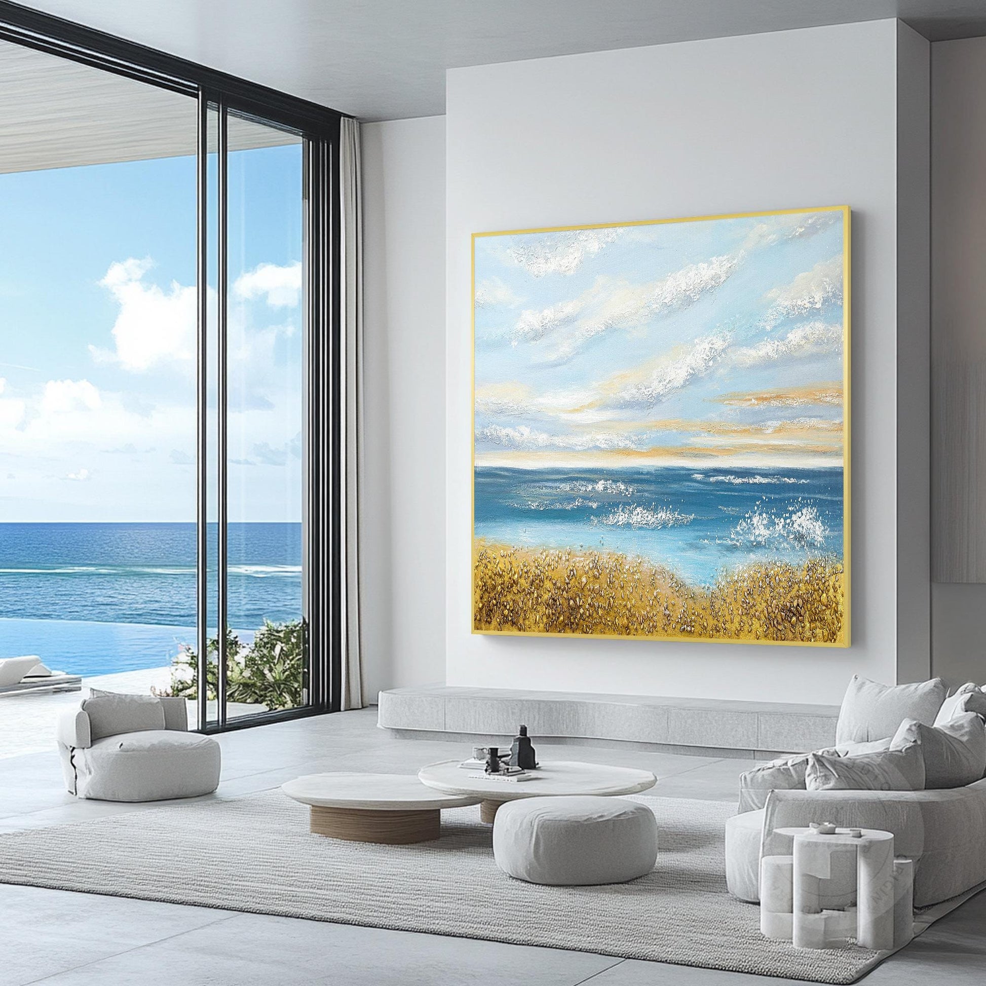 Textured Seascape Painting: Blue Ocean, Gold Sand, Coastal Wall Art #3