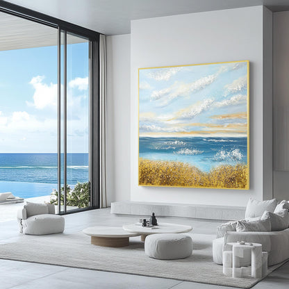 Textured Seascape Painting: Blue Ocean, Gold Sand, Coastal Wall Art #3