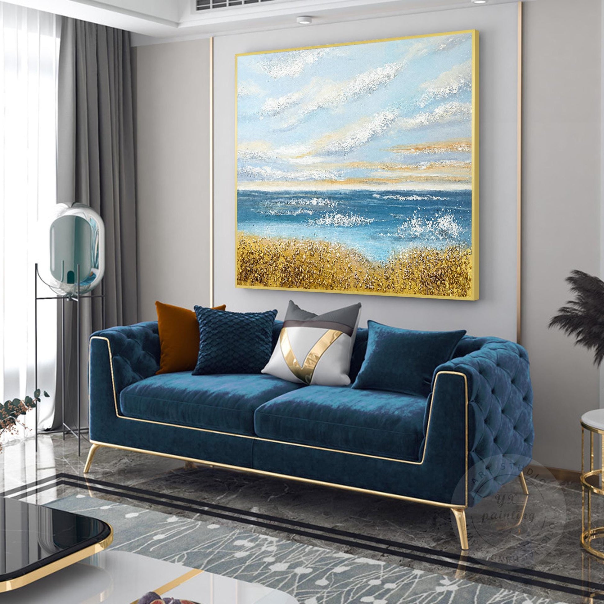 Textured Seascape Painting: Blue Ocean, Gold Sand, Coastal Wall Art #4