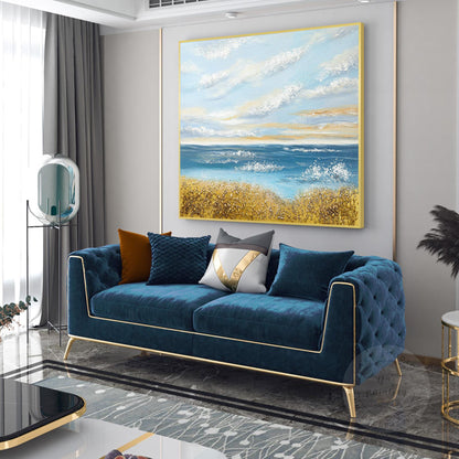 Textured Seascape Painting: Blue Ocean, Gold Sand, Coastal Wall Art #4