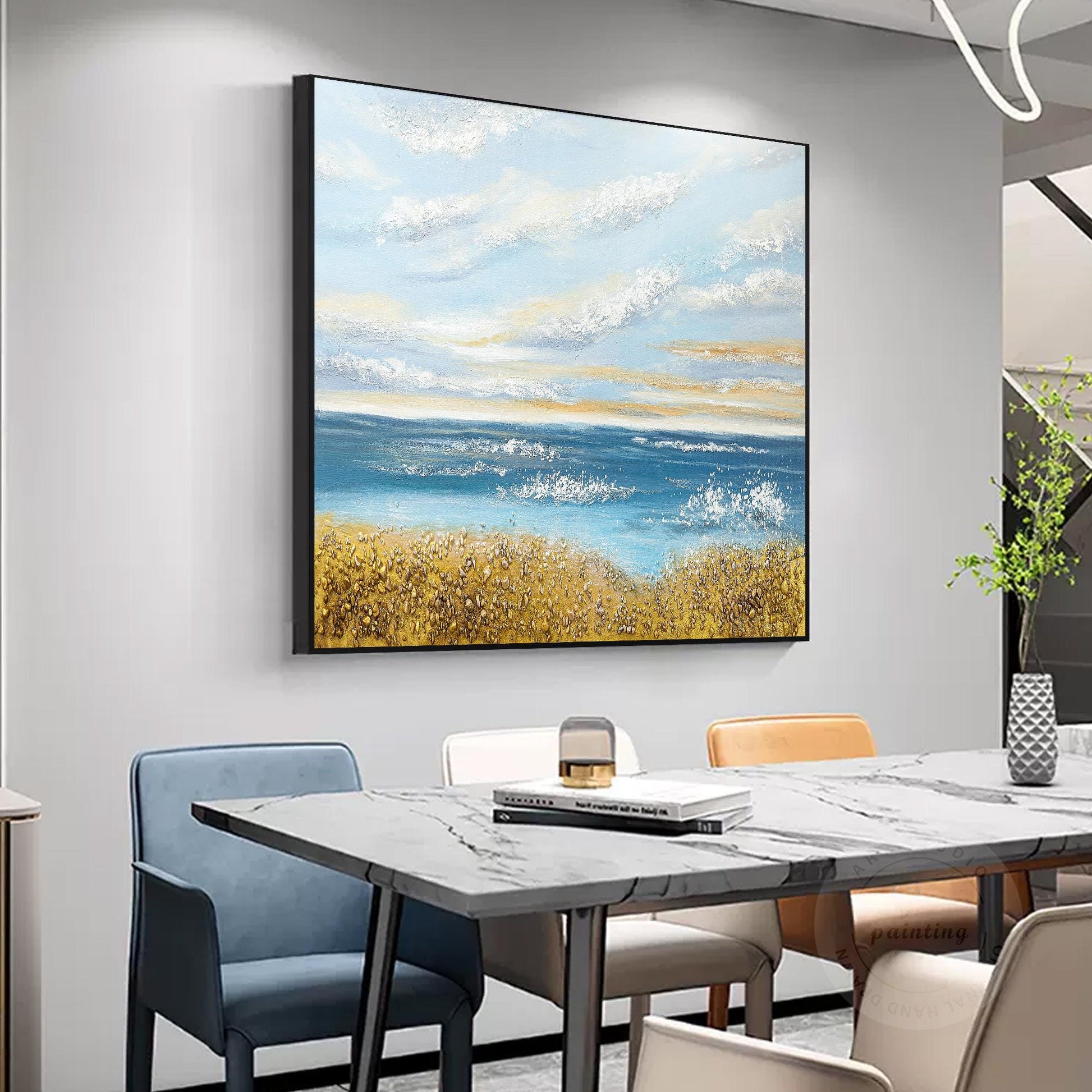Textured Seascape Painting: Blue Ocean, Gold Sand, Coastal Wall Art #5