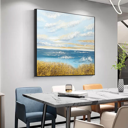Textured Seascape Painting: Blue Ocean, Gold Sand, Coastal Wall Art #5