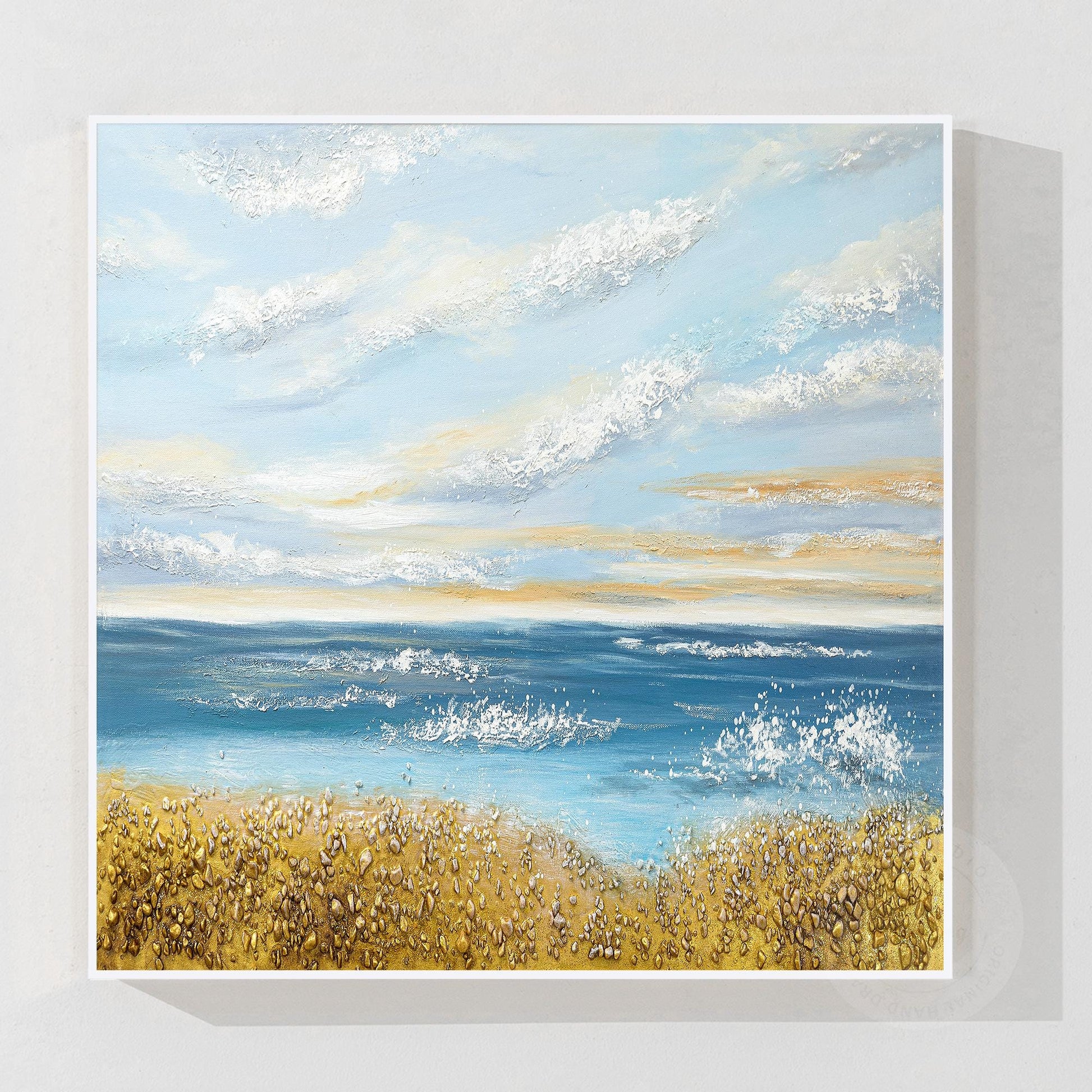Textured Seascape Painting: Blue Ocean, Gold Sand, Coastal Wall Art #8