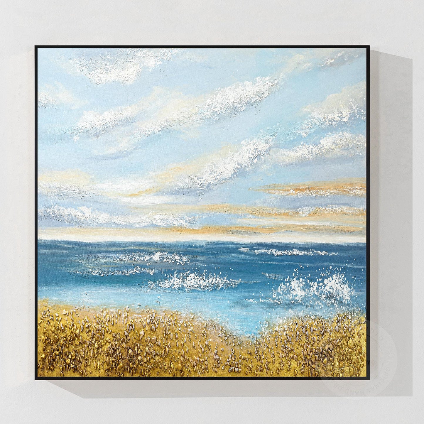 Textured Seascape Painting: Blue Ocean, Gold Sand, Coastal Wall Art #9