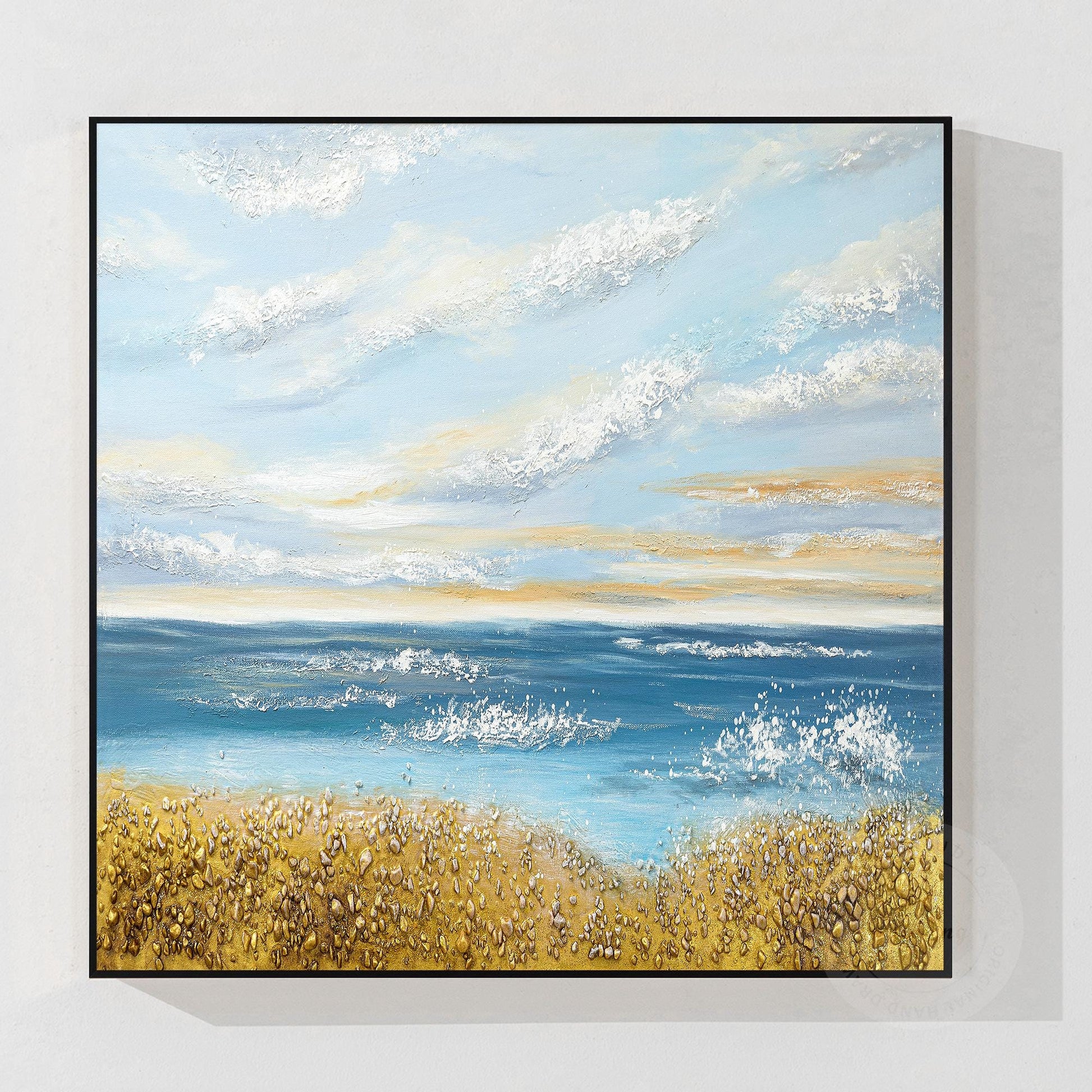 Textured Seascape Painting: Blue Ocean, Gold Sand, Coastal Wall Art #9