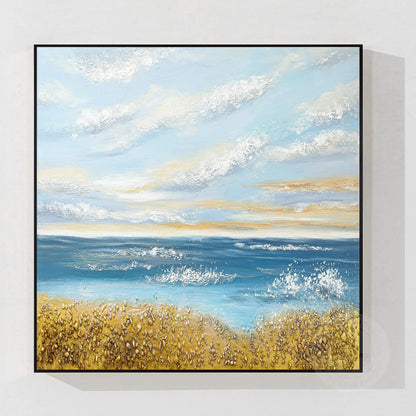 Textured Seascape Painting: Blue Ocean, Gold Sand, Coastal Wall Art #9
