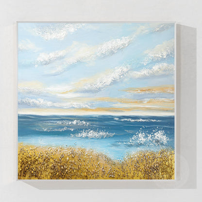 Textured Seascape Painting: Blue Ocean, Gold Sand, Coastal Wall Art #10