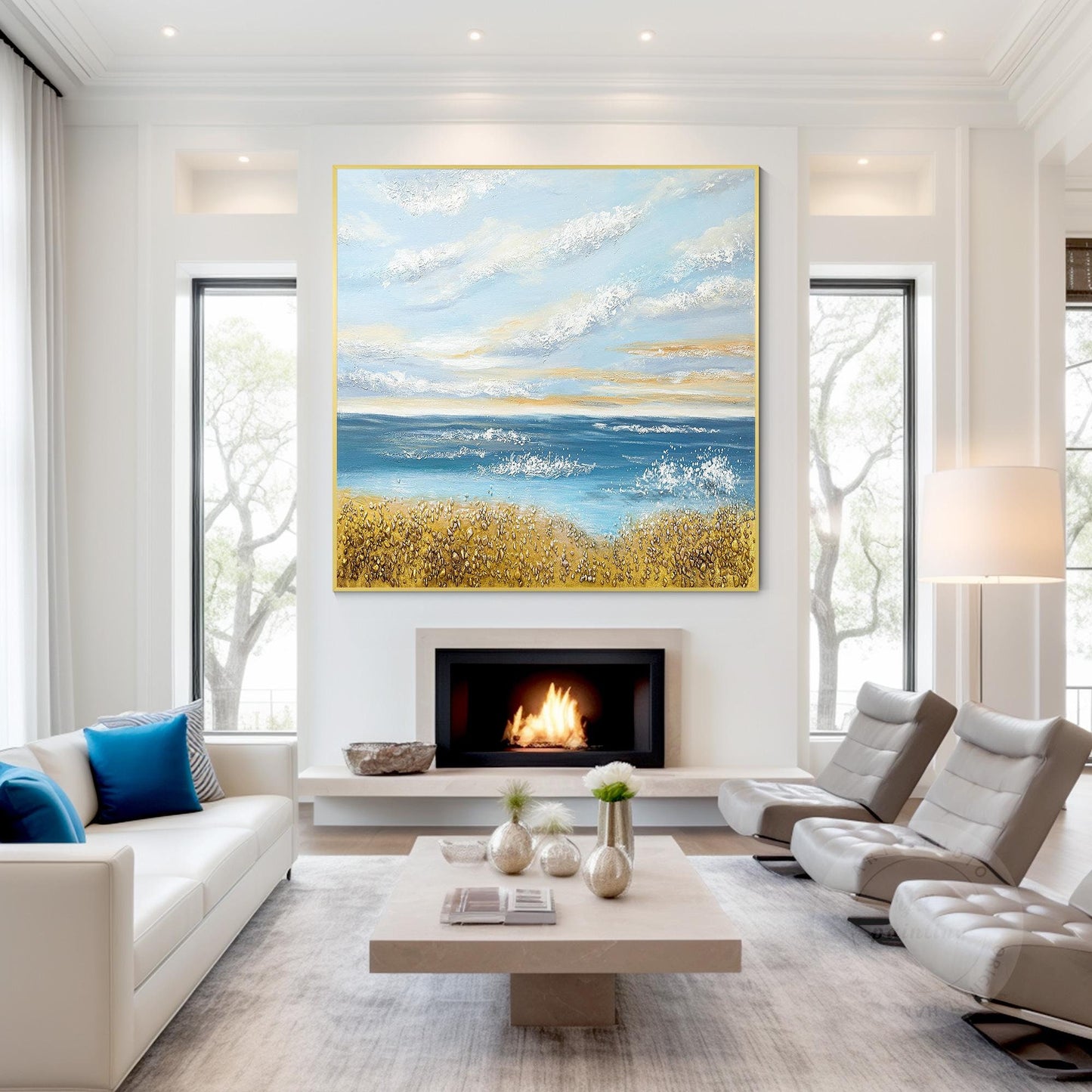 Textured Seascape Painting: Blue Ocean, Gold Sand, Coastal Wall Art #1