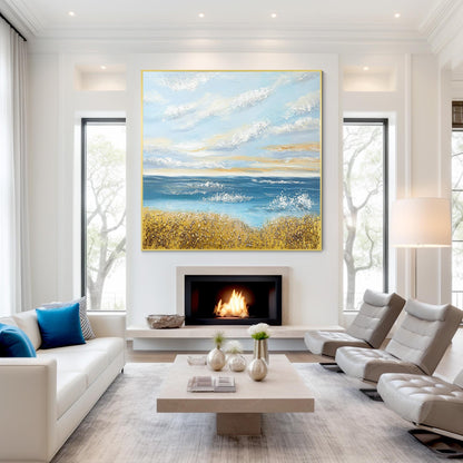 Textured Seascape Painting: Blue Ocean, Gold Sand, Coastal Wall Art #1