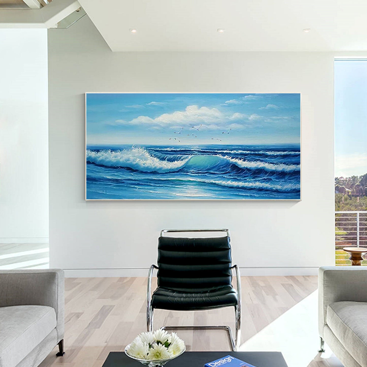 Textured Seascape Painting: Blue Ocean Wave, Framed Canvas Wall Art #3