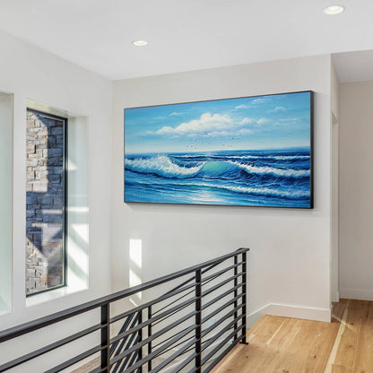 Textured Seascape Painting: Blue Ocean Wave, Framed Canvas Wall Art #4