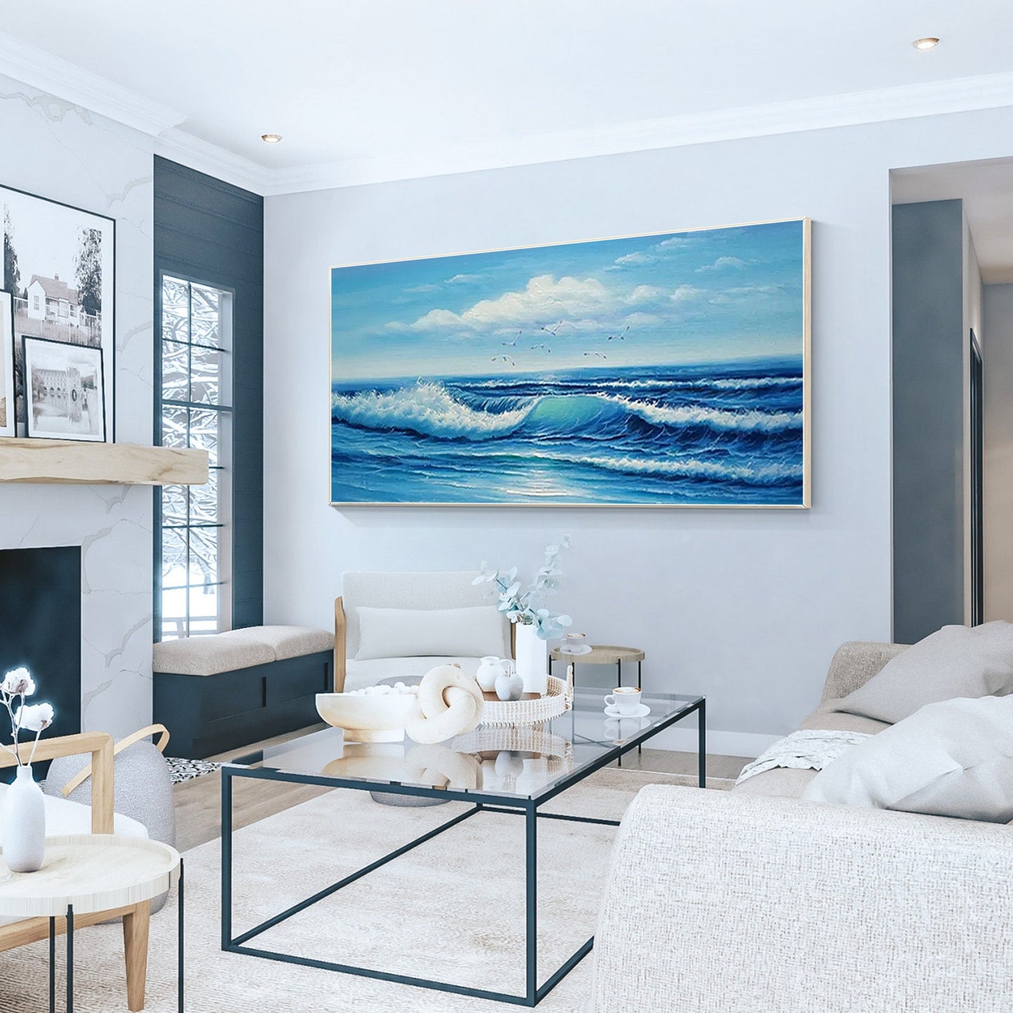 Textured Seascape Painting: Blue Ocean Wave, Framed Canvas Wall Art #1