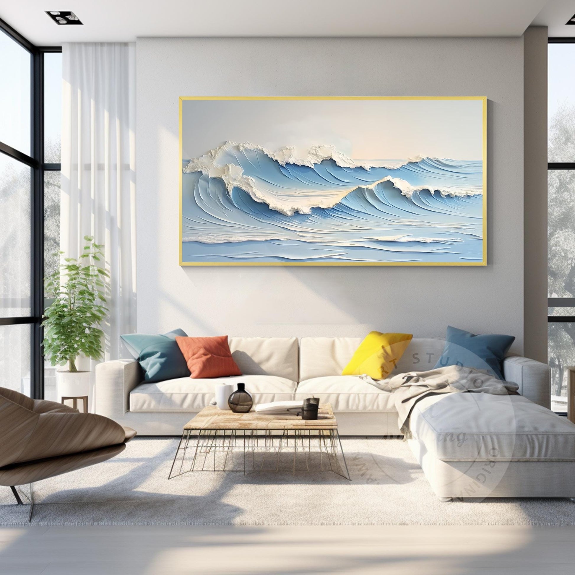 Textured Seascape Painting: Hand-Drawn Ocean Waves, Framed Canvas Art #3
