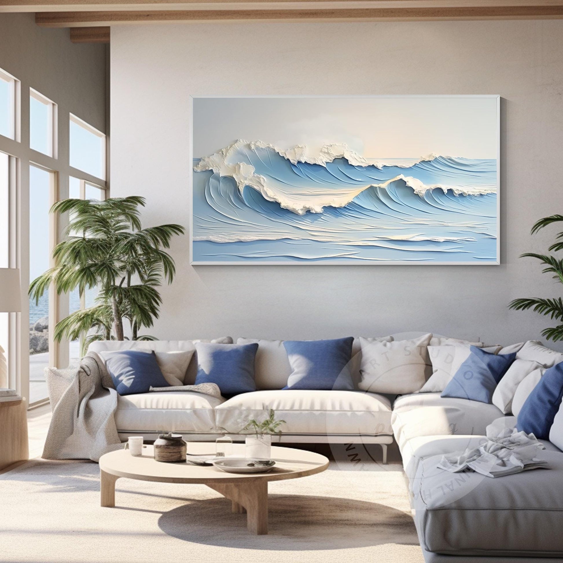 Textured Seascape Painting: Hand-Drawn Ocean Waves, Framed Canvas Art #5
