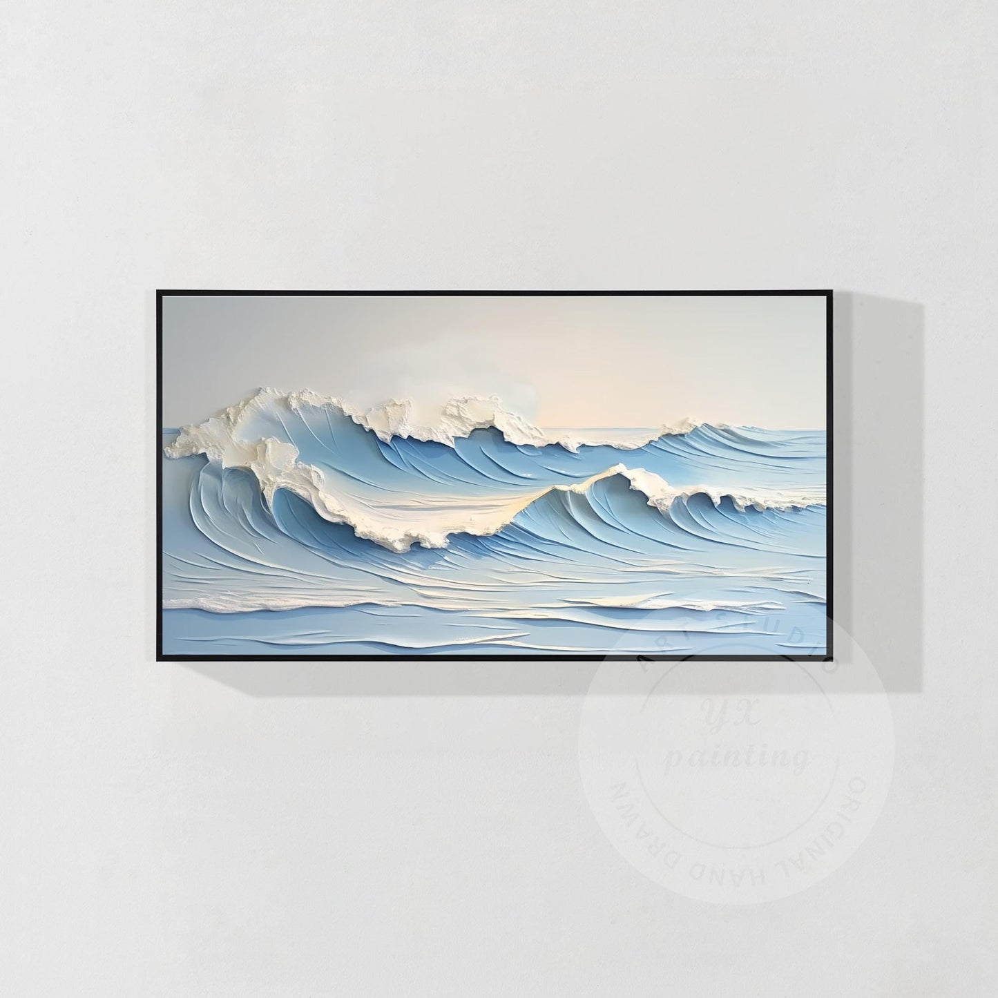 Textured Seascape Painting: Hand-Drawn Ocean Waves, Framed Canvas Art #7