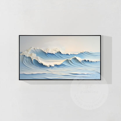 Textured Seascape Painting: Hand-Drawn Ocean Waves, Framed Canvas Art #7
