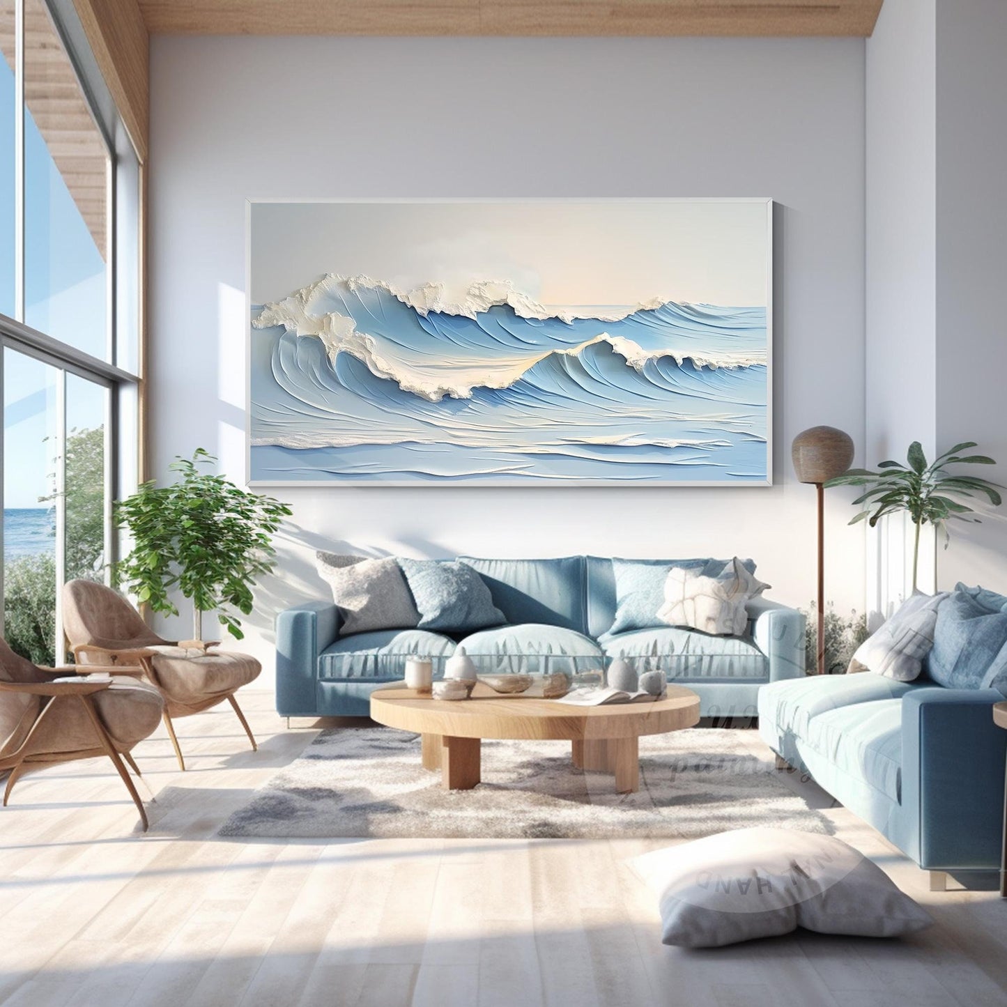Textured Seascape Painting: Hand-Drawn Ocean Waves, Framed Canvas Art #1