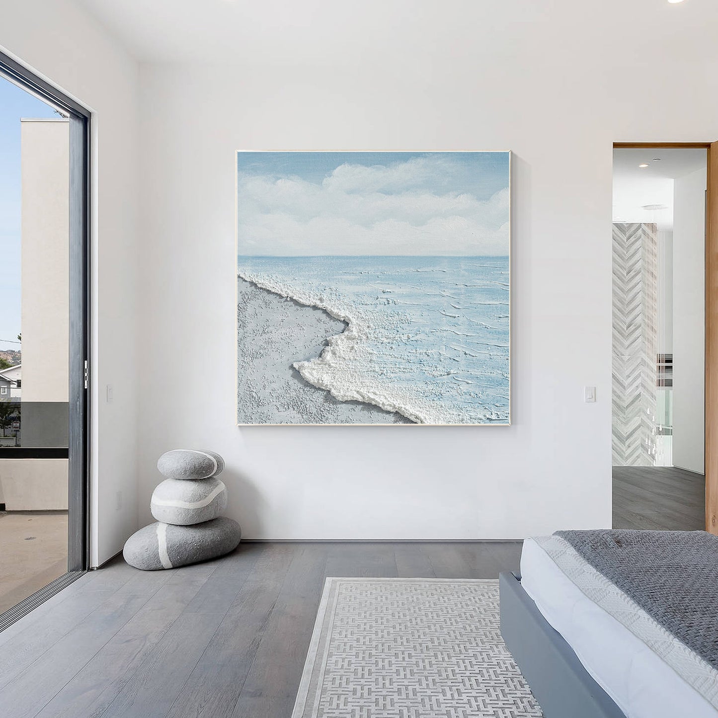 Textured Seascape Painting, Light Blue Ocean Wall Art, Coastal Abstract Canvas A #2