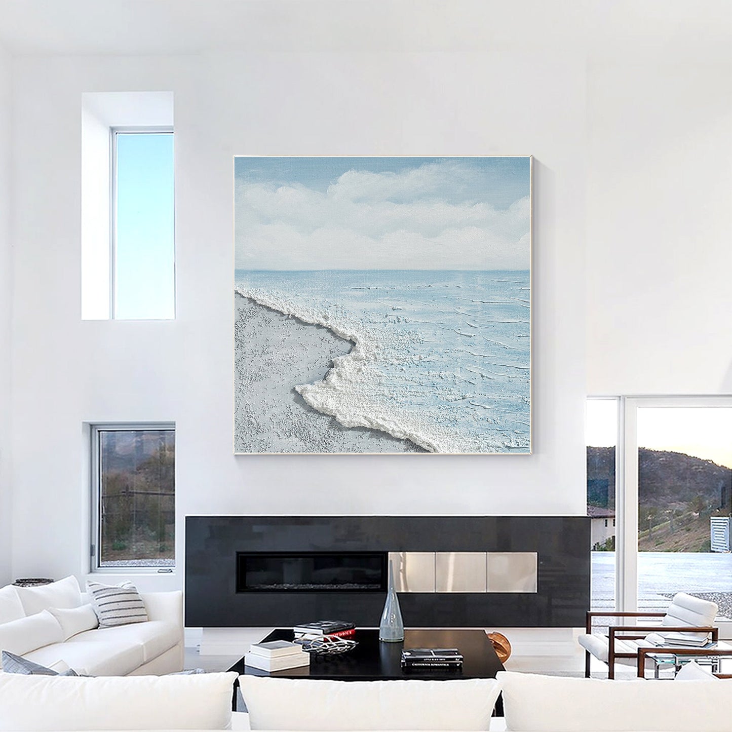 Textured Seascape Painting, Light Blue Ocean Wall Art, Coastal Abstract Canvas A #4