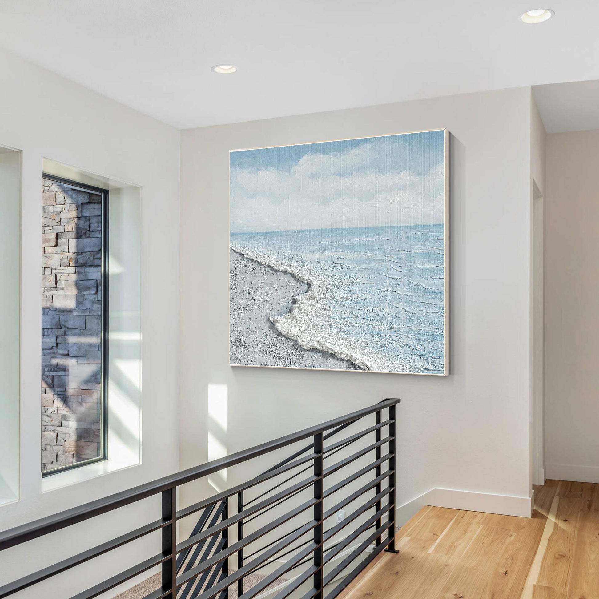 Textured Seascape Painting, Light Blue Ocean Wall Art, Coastal Abstract Canvas A #5