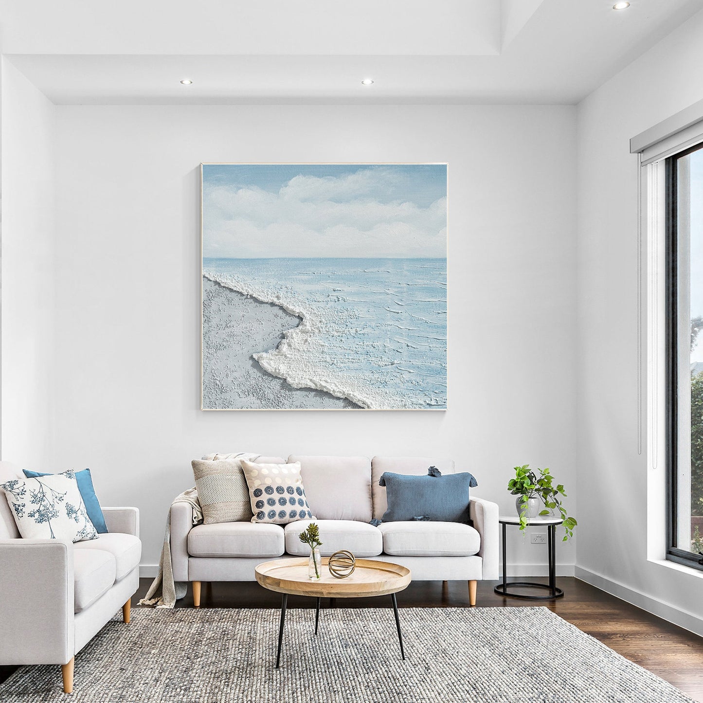 Textured Seascape Painting, Light Blue Ocean Wall Art, Coastal Abstract Canvas A #6