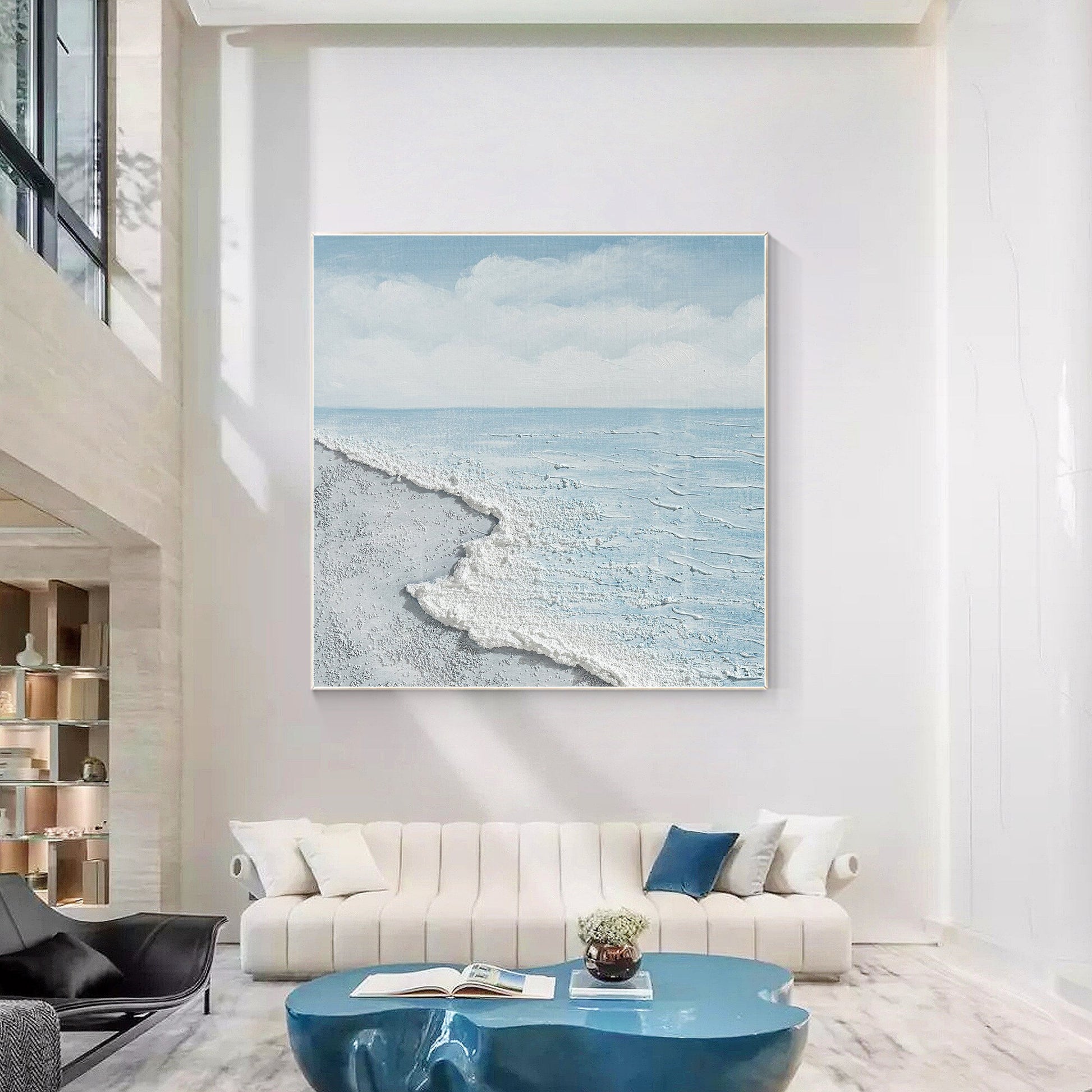 Textured Seascape Painting, Light Blue Ocean Wall Art, Coastal Abstract Canvas A #1