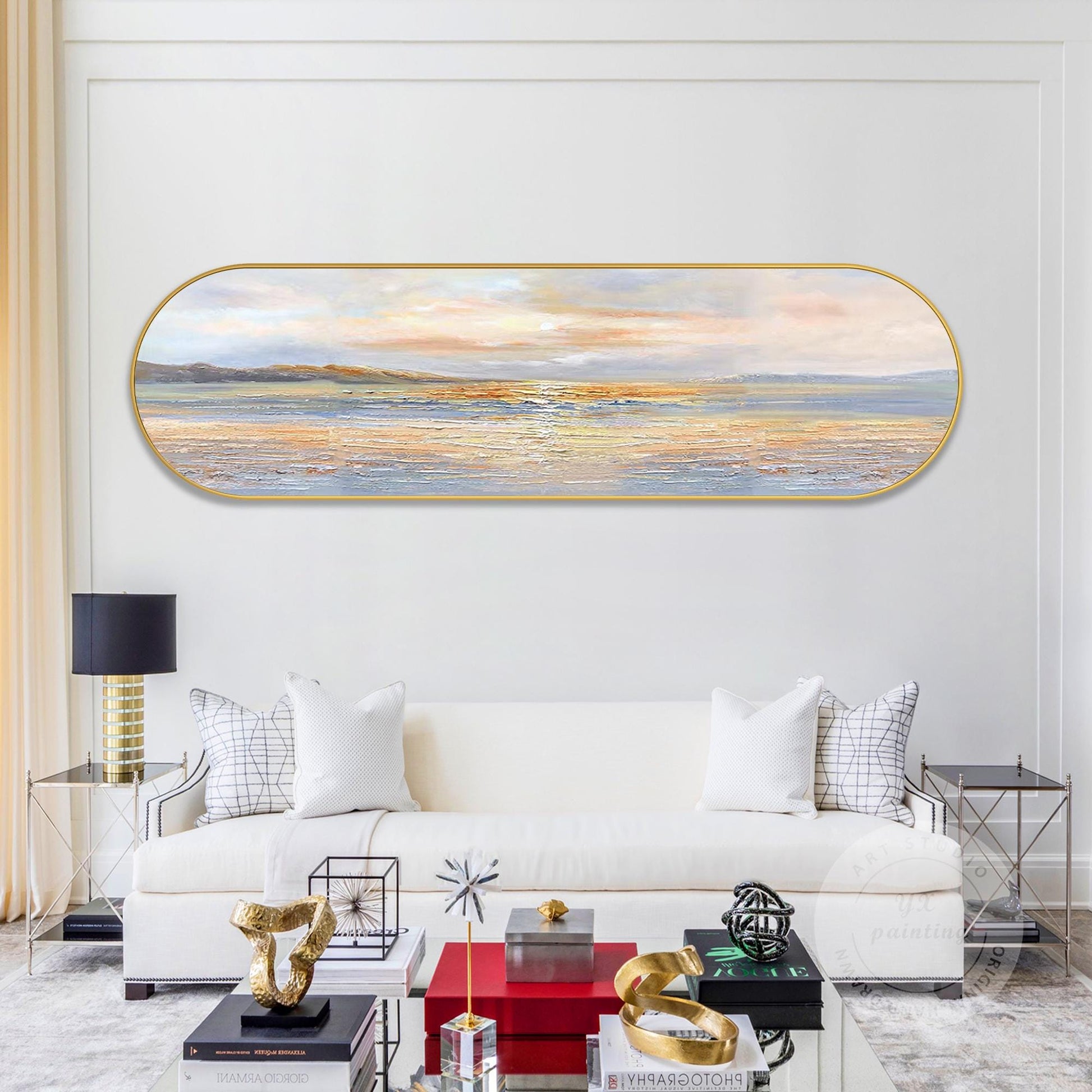 Textured Seascape Painting, Long Narrow Ocean Waves Wall Art, Oval Framed Canvas #2