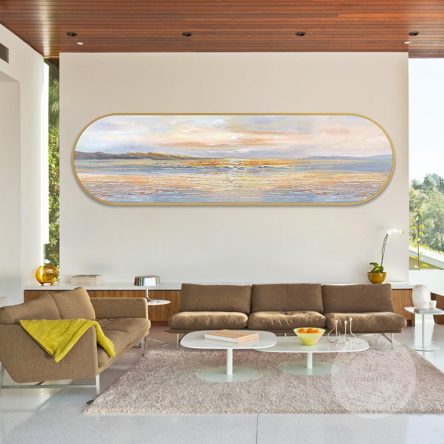 Textured Seascape Painting, Long Narrow Ocean Waves Wall Art, Oval Framed Canvas #3