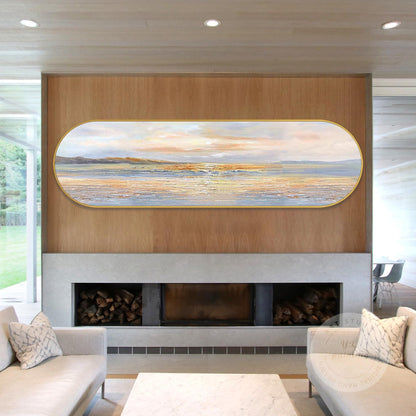 Textured Seascape Painting, Long Narrow Ocean Waves Wall Art, Oval Framed Canvas #5
