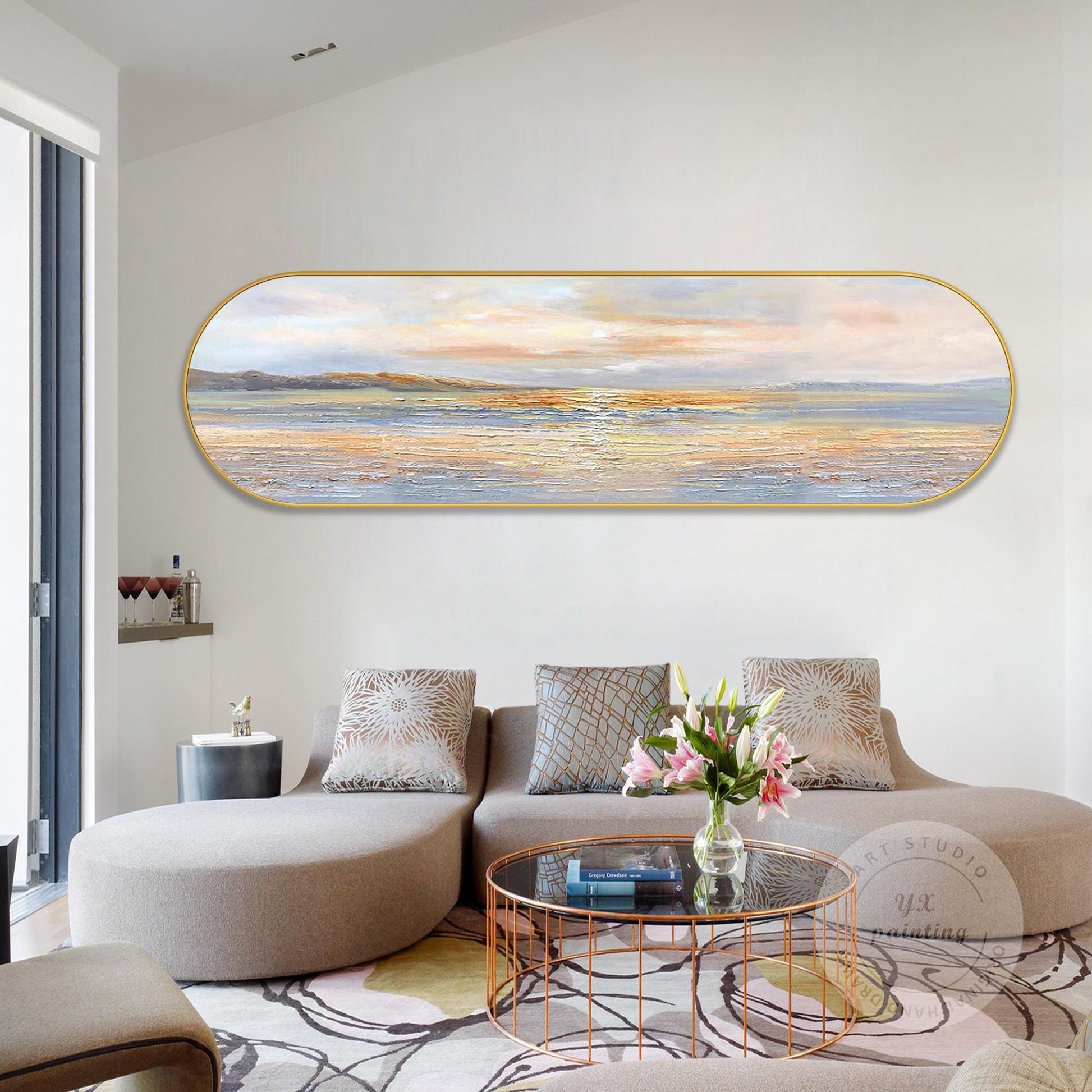 Textured Seascape Painting, Long Narrow Ocean Waves Wall Art, Oval Framed Canvas #1