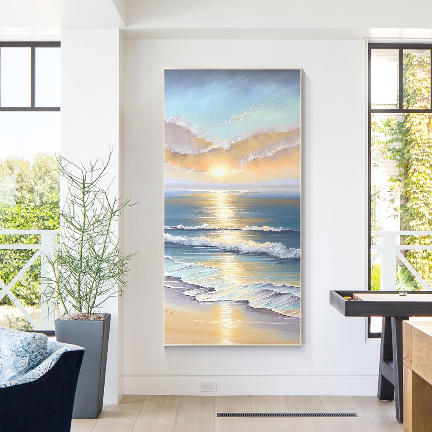 Textured Seascape Sunrise Painting: 3D Coastal Ocean Wave Canvas Art #2